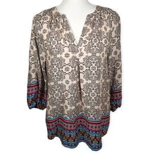 BEACH LUNCH LOUNGE BOHO-INSPIRED CREAM & BLUE BLOUSE SZ.S EUC